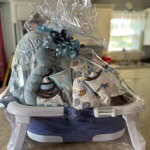 Baby Gift Basket with Blue and White Accessories